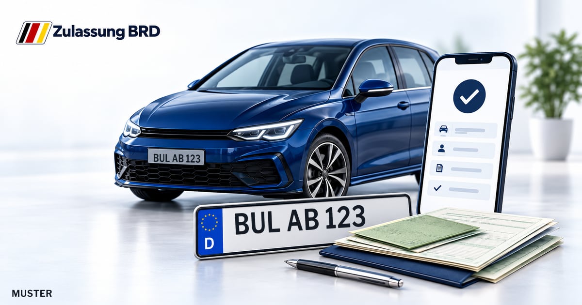 Online Fahrzeugzulassung in Burglengenfeld: Musterkennzeichen BUL AB 123, Auto und Fahrzeugpapiere und Smartphone. Illustration mit Logo von Zulassung BRD.